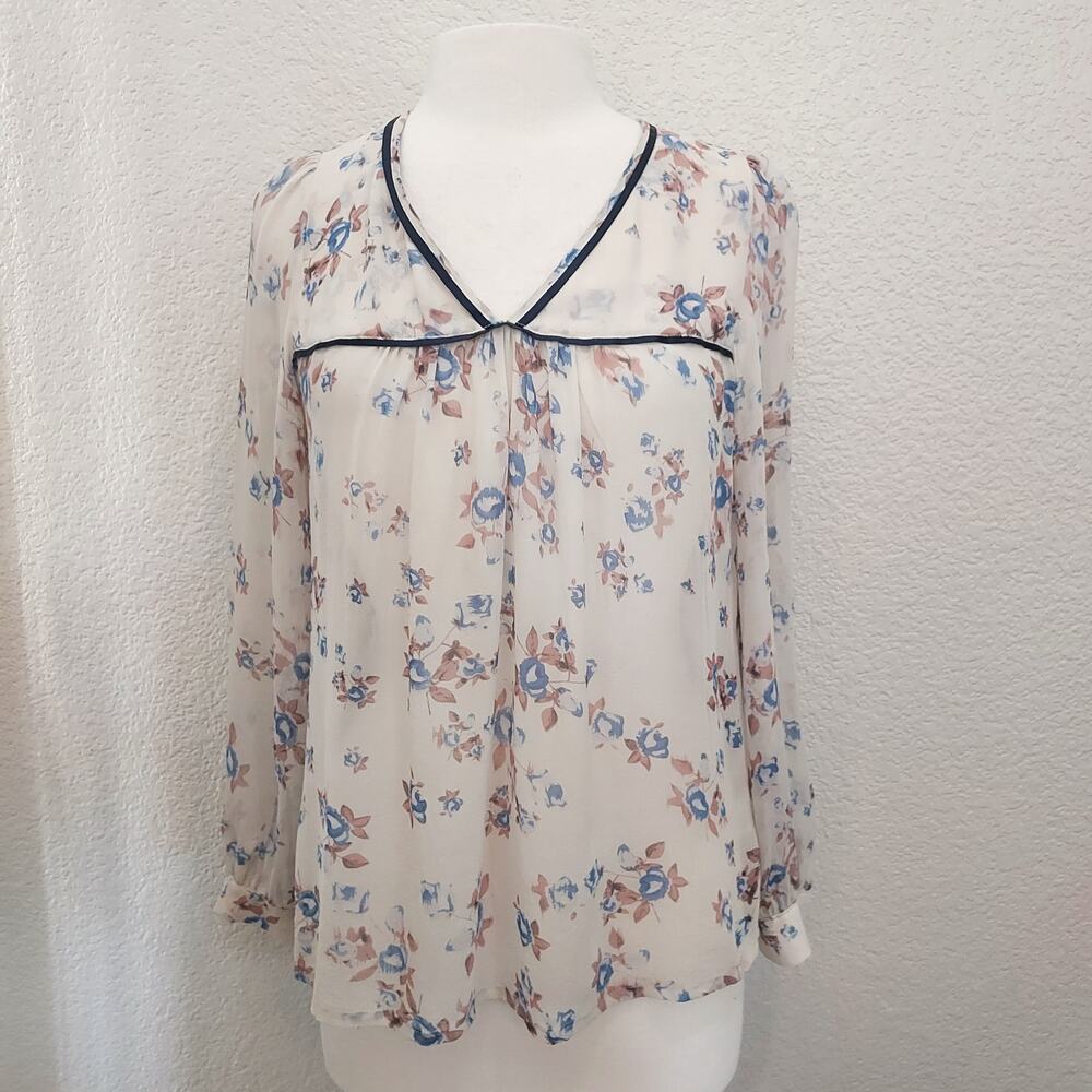 Rieley Cream Floral Sheer Long Sleeve Silk Tunic Blouse Size M